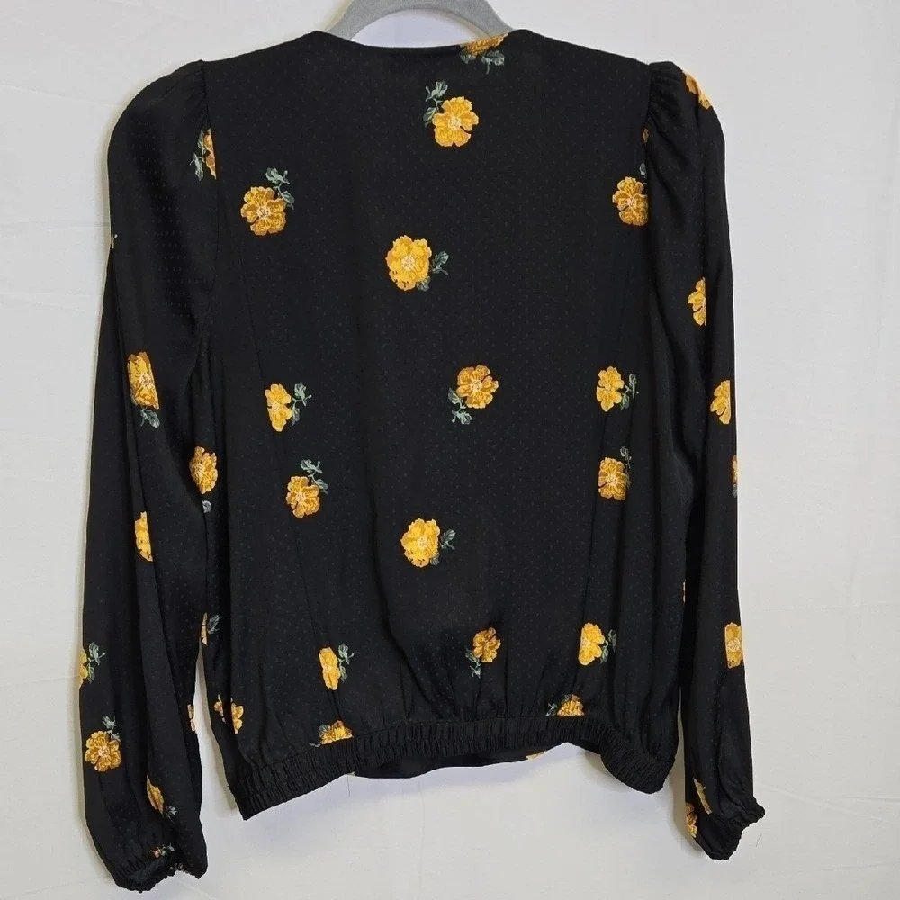 Madewell Bubble-Sleeve Wrap Top, Floating Florets, Cottagecore, Black Yellow, XS